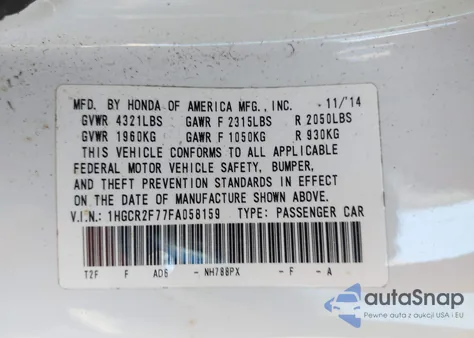 2015 Honda Accord Ex z USA, uszkodzony, nr VIN 1HGCR2F77FA058159